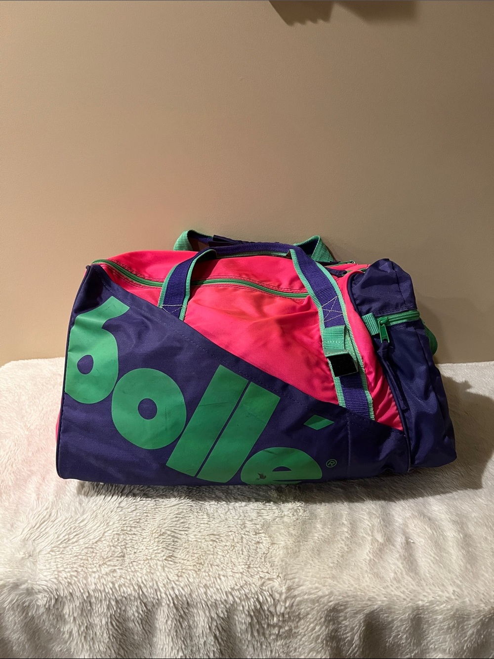 Vintage 1980 bolle Pink, Purple & Green Logo Travel Duffle Bag